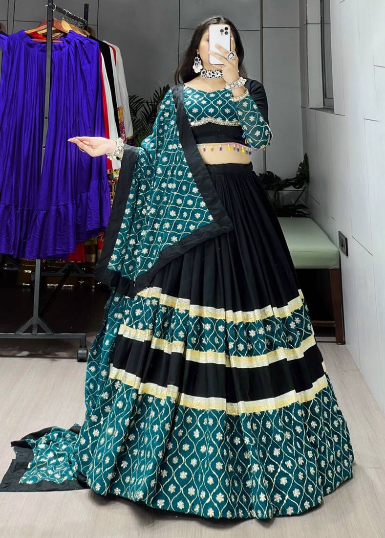 GREEN BLACK RAYON COTTON EMBROIDERY NAVRATRI TOP CHANIYA CHOLI- full stitched free size