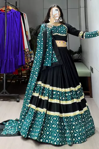 GREEN BLACK RAYON COTTON EMBROIDERY NAVRATRI TOP CHANIYA CHOLI- full stitched free size