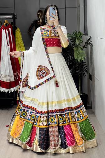 OFF WHITE RAYON COTTON EMBROIDERY NAVRATRI TOP CHANIYA CHOLI- full stitched free size