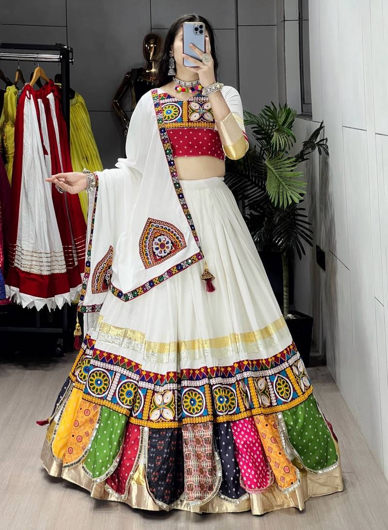 OFF WHITE RAYON COTTON EMBROIDERY NAVRATRI TOP CHANIYA CHOLI- full stitched free size