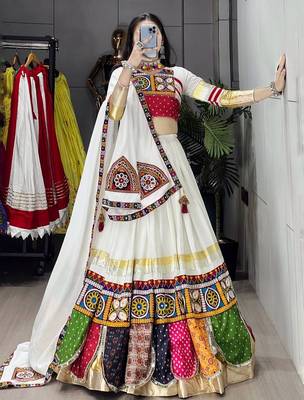 OFF WHITE RAYON COTTON EMBROIDERY NAVRATRI TOP CHANIYA CHOLI- full stitched free size 2