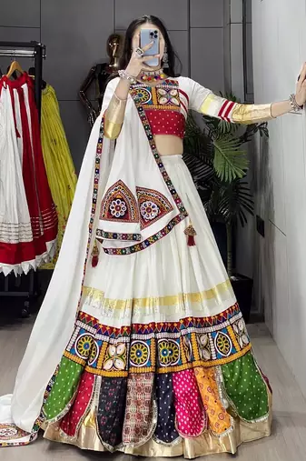 OFF WHITE RAYON COTTON EMBROIDERY NAVRATRI TOP CHANIYA CHOLI- full stitched free size
