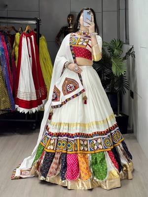 OFF WHITE RAYON COTTON EMBROIDERY NAVRATRI TOP CHANIYA CHOLI- full stitched free size 3