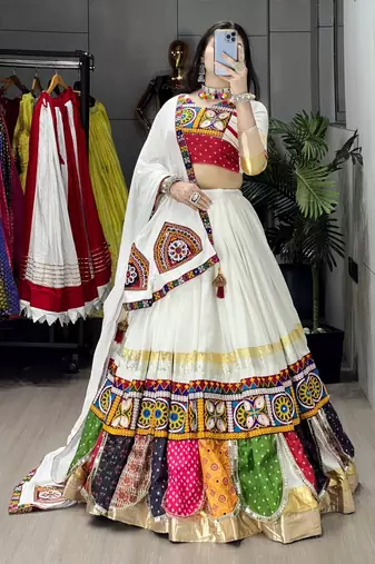 OFF WHITE RAYON COTTON EMBROIDERY NAVRATRI TOP CHANIYA CHOLI- full stitched free size