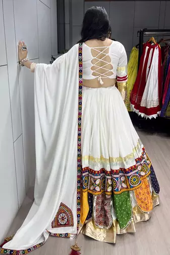 OFF WHITE RAYON COTTON EMBROIDERY NAVRATRI TOP CHANIYA CHOLI- full stitched free size