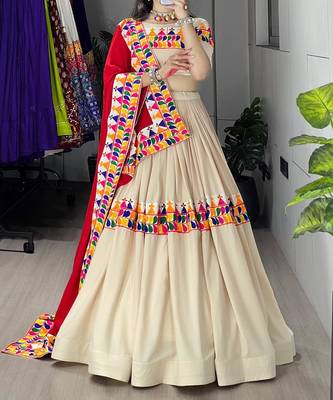 CREAM RAYON COTTON EMBROIDERY NAVRATRI TOP CHANIYA CHOLI- full stitched free size 1