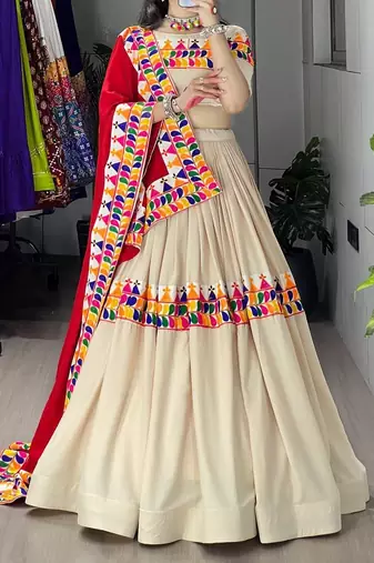 CREAM RAYON COTTON EMBROIDERY NAVRATRI TOP CHANIYA CHOLI- full stitched free size