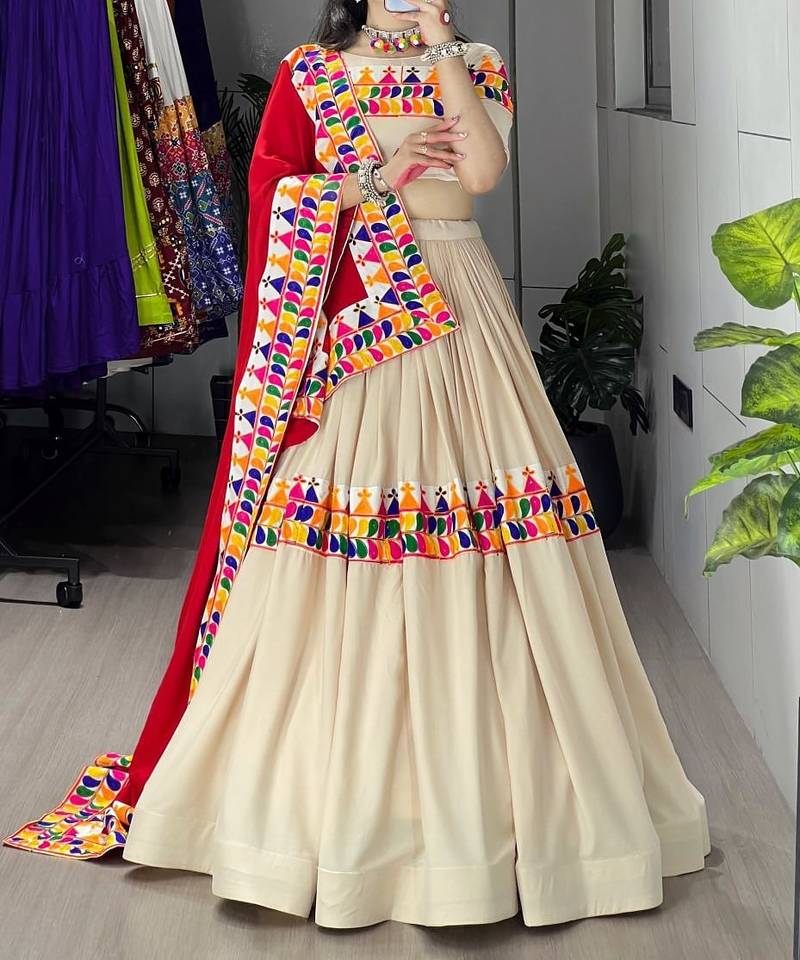 CREAM RAYON COTTON EMBROIDERY NAVRATRI TOP CHANIYA CHOLI- full stitched free size