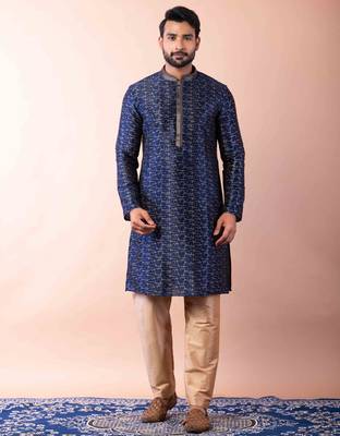 navy blue dupion kurta pyjama set for men with solid design 1