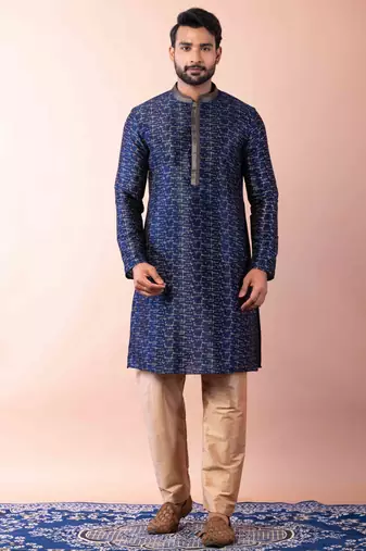 navy blue dupion kurta pyjama set for men with solid design
