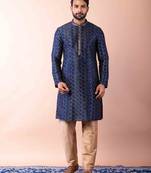 navy blue dupion kurta pyjama set for men with solid design
