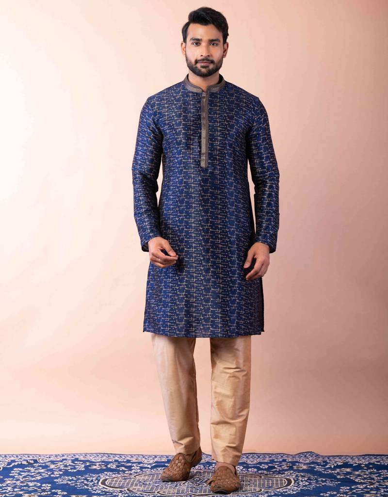 navy blue dupion kurta pyjama set for men with solid design