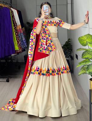 CREAM RAYON COTTON EMBROIDERY NAVRATRI TOP CHANIYA CHOLI- full stitched free size 2
