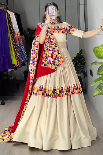 CREAM RAYON COTTON EMBROIDERY NAVRATRI TOP CHANIYA CHOLI- full stitched free size