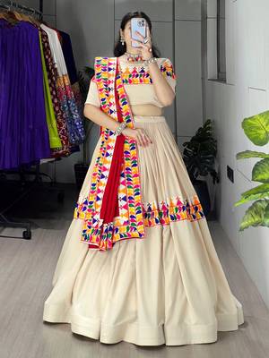 CREAM RAYON COTTON EMBROIDERY NAVRATRI TOP CHANIYA CHOLI- full stitched free size 3