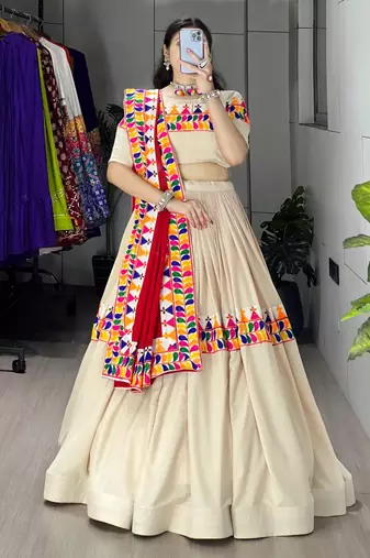 CREAM RAYON COTTON EMBROIDERY NAVRATRI TOP CHANIYA CHOLI- full stitched free size
