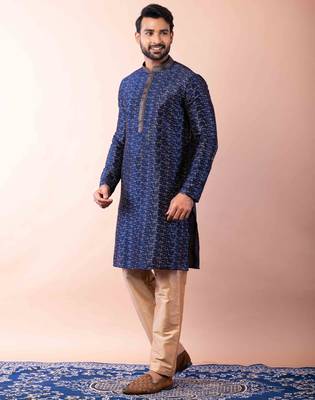 navy blue dupion kurta pyjama set for men with solid design 2
