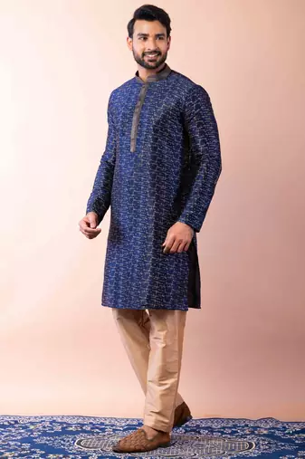 navy blue dupion kurta pyjama set for men with solid design