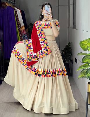 CREAM RAYON COTTON EMBROIDERY NAVRATRI TOP CHANIYA CHOLI- full stitched free size 4