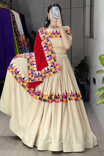 CREAM RAYON COTTON EMBROIDERY NAVRATRI TOP CHANIYA CHOLI- full stitched free size