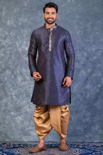 navy blue  kurta dhoti  set for men with embroidered work