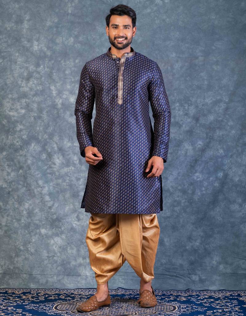 navy blue  kurta dhoti  set for men with embroidered work