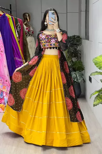 MUSTERD BLACK   RAYON COTTON EMBROIDERY  SEMI STICHED NAVRATRI CHANIYA CHOLI