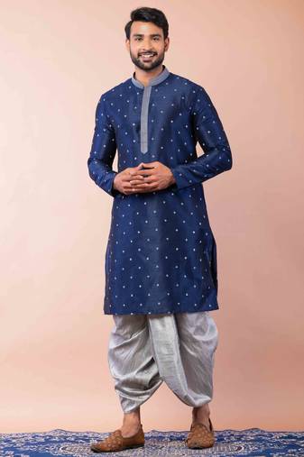navy blue  kurta dhoti  set for men with embroidered work