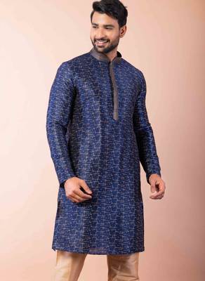 navy blue dupion kurta pyjama set for men with solid design 3