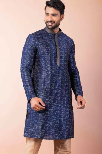 navy blue dupion kurta pyjama set for men with solid design