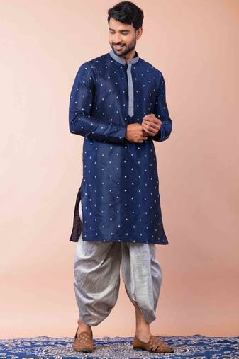 navy blue  kurta dhoti  set for men with embroidered work