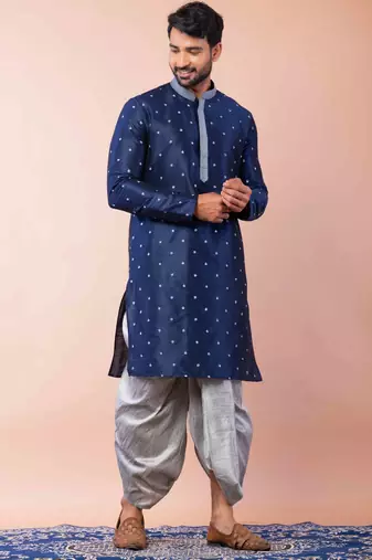 navy blue  kurta dhoti  set for men with embroidered work