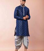 navy blue  kurta dhoti  set for men with embroidered work
