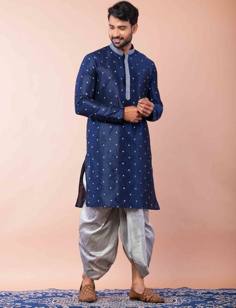 navy blue  kurta dhoti  set for men with embroidered work