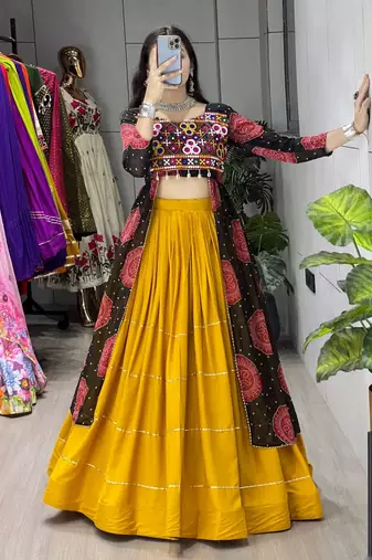 MUSTERD BLACK   RAYON COTTON EMBROIDERY  SEMI STICHED NAVRATRI CHANIYA CHOLI