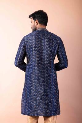 navy blue dupion kurta pyjama set for men with solid design 4