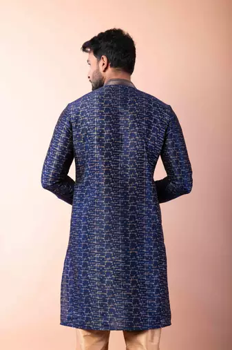 navy blue dupion kurta pyjama set for men with solid design