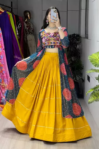 MUSTERD RAMA  RAYON COTTON EMBROIDERY NAVRATRI CHANIYA CHOLI- full stitched free size