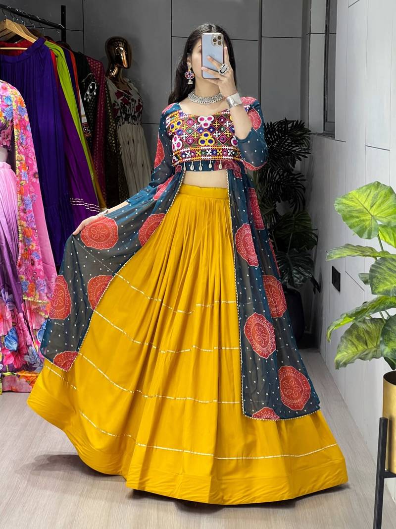 MUSTERD RAMA  RAYON COTTON EMBROIDERY NAVRATRI CHANIYA CHOLI- full stitched free size