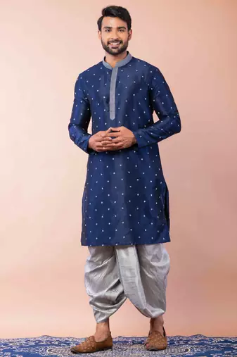 navy blue  kurta dhoti  set for men with embroidered work