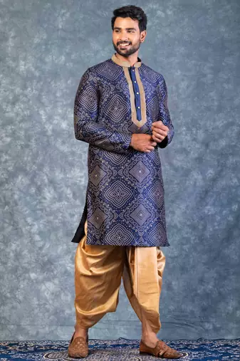 navy blue  kurta dhoti  set for men with embroidered work