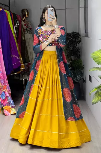 MUSTERD RAMA  RAYON COTTON EMBROIDERY NAVRATRI CHANIYA CHOLI- full stitched free size