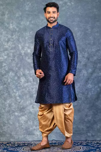 navy blue  kurta dhoti  set for men with embroidered work