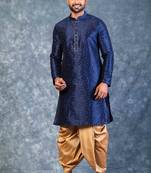 navy blue  kurta dhoti  set for men with embroidered work