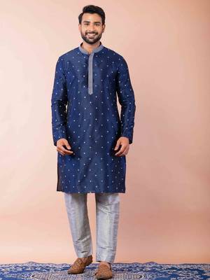 navy blue dupion kurta pyjama set for men with solid design 1