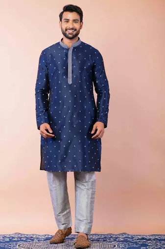 navy blue dupion kurta pyjama set for men with solid design