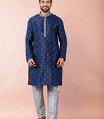 navy blue dupion kurta pyjama set for men with solid design