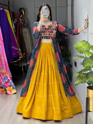 MUSTERD RAMA  RAYON COTTON EMBROIDERY NAVRATRI CHANIYA CHOLI- full stitched free size 3
