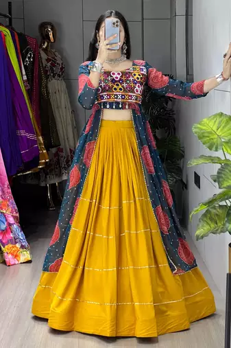 MUSTERD RAMA  RAYON COTTON EMBROIDERY NAVRATRI CHANIYA CHOLI- full stitched free size