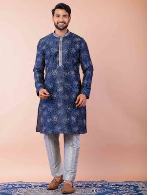 navy blue dupion kurta pyjama set for men with solid design 1